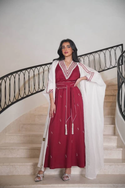 White raw burlap bisht with burgundy linen dress with hand embroidery C:IB301 Wihte