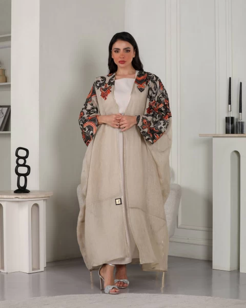 Beige Linen Abaya with Embroidery IB143 Beage