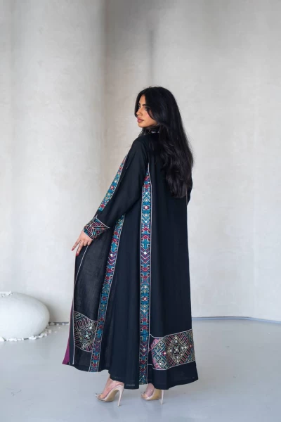 Linen Abaya in black with embroidery IB279 Black