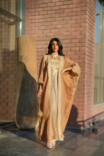 Bisht and dress made of camel linen burlap fabric with embroidery C:IB288